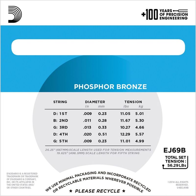 D'Addario EJ69B Strengesett for 5-strengs banjo, Light, Ball End