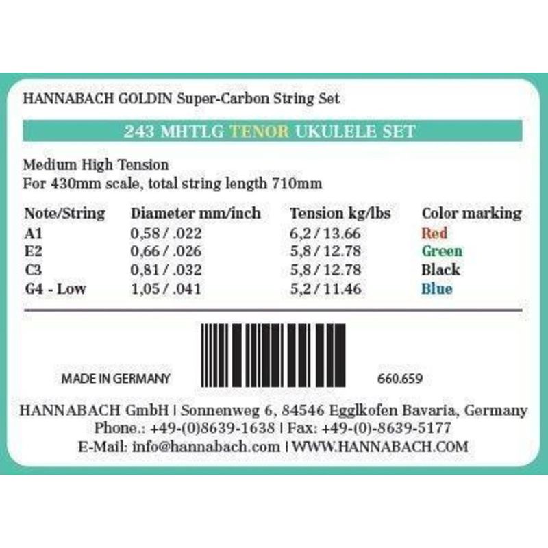 Hannabach 243MHTLG Ukulelestrenger Goldin Tenor, Low G sett